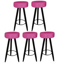Kit 05 Banqueta Alta Flora Pés Palito em Madeira Preto para Bar Bistrô Cozinha Suede Pink - Damaffê Móveis