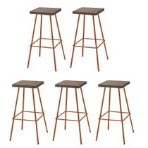 Kit 05 Banquetas Alta Eliza 75cm Industrial Para Cozinha Ferro Bronze 100% MDF Castanho - Ahazzo Móveis