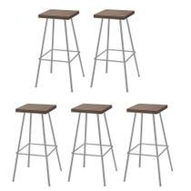 Kit 05 Banquetas Alta Eliza 75cm Industrial Para Cozinha Ferro Prata 100% MDF Freijó - Ahazzo Móveis