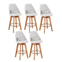 Kit 05 Banquetas Alta Maya Giratória Com Encosto Linho Bege Claro e Almofada material sintético Branco - Gat Magazine
