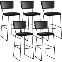 Kit 05 Banquetas Altas Sala Jantar Fixa Allana L02 material sintético Preto Linho Chumbo - Lyam Decor Kit 05 Banquetas Altas Sala Jantar Fixa Allana L02 material sintético Preto Linho Chumbo - Lyam Decor