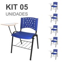 KIT 05 Cadeiras Escolares Universitárias com Prancheta e Porta Livros Cor Azul REAPLAST