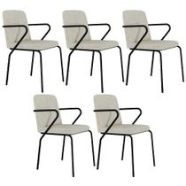 Kit 05 Cadeiras Estofada Para Sala De Jantar Com Braço Loft Preto C01 Bouclê Vanilla - Lyam Decor