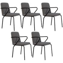 Kit 05 Cadeiras Estofada Para Sala de Jantar com Braço Loft Preto C01 Linho Fendi Cinza - Lyam Decor Kit 05 Cadeiras Estofada Para Sala de Jantar com Braço Loft Preto C01 Linho Fendi Cinza - Lyam Decor