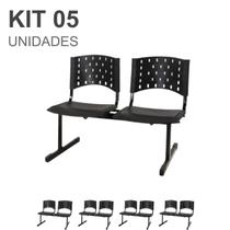 Kit 05 Cadeiras Longarinas PLÁSTICAS 02 Lugares para recepção Cor PRETA Realplast