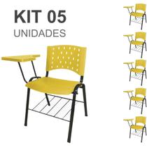 Kit 05 Cadeiras Plásticas Universitárias PRANCHETA PLÁSTICA com Porta Livros - Cor Amarelo - REALPLAST - 32041