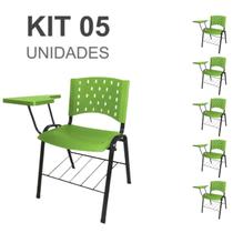 Kit 05 Cadeiras Plásticas Universitárias PRANCHETA PLÁSTICA com Porta Livros - Cor Verde - REALPLAST - 32040