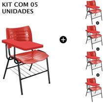 KIT 05 Cadeiras Universitárias com porta livros cor Vermelho Prancheta Plástica