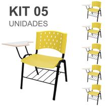KIT 05 Cadeiras Universitárias com Prancheta e Porta Livros - Cor Amarelo - REAPLAST - 32030