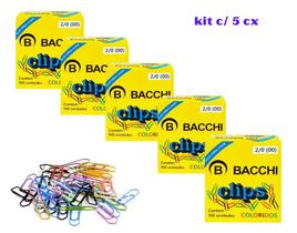 Kit 05 Caixas de Clipes 2/0 Colorido c/ 100 Unidades Cada - Bacchi
