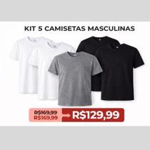 Kit 05 Camisetas Sortidas Branca, Preta e Cinza Slim Gola Careca Masculina- Hering
