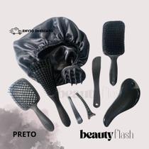 Kit 05 Escova Raquete Flex Escova Mágica e Polvo Massageador de Silicone Touca de Cetim Beauty Flash Cores:PRETO