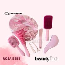 Kit 05 Escova Raquete Flex Escova Mágica e Polvo Massageador de Silicone Touca de Cetim Beauty Flash Cores:ROSA BEBÊ