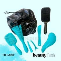 Kit 05 Escova Raquete Flex Escova Mágica e Polvo Massageador de Silicone Touca de Cetim Beauty Flash Cores:TIFFANY