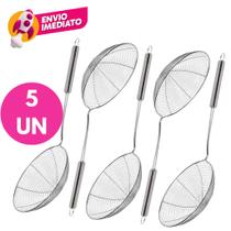 Kit 05 Escumadeira Aramada Redonda Inox Peneira Espumadeira Escorrer Fritura Pastel Salgados Batata