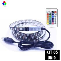 Kit 05 fita de led rgb entrada usb 5050 c/ 3 metros p/ televisão e computador com controle remoto