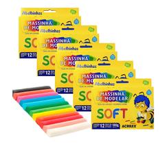 Kit 05 Massa de Modelar 12 Cores Soft Acrilex 180g Infantil Escolar Massinha Macia Atoxica Base Amido