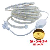 Kit 05 metros fita mangueira led chata branco quente 3000k 5050 + conector liga direto na tomada 110 volts