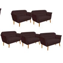 Kit 05 Namoradeira Decorativa Ster com Capitone Pés Palito em Madeira 2 Lugares Sala de Estar Recepção Escritório material sintético Marrom - Damaffê Móveis