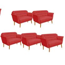 Kit 05 Namoradeira Decorativa Ster com Capitone Pés Palito em Madeira 2 Lugares Sala de Estar Recepção Escritório material sintético Vermelho - Damaffê Móveis
