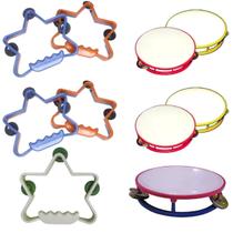Kit 05 Pandeiro Estrela + 05 Pandeirinho Liso Infantil De Brinquedo Plástico Colorido