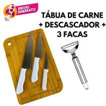 Kit 05 Pç Tábua Corte Madeira E Descascador De Legumes E Jogo 03 Facas Inox Cabo Branco
