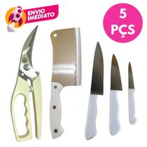 Kit 05 Pç Tesoura Trinchante Multifunções Cortar Aves Peixe + Cutelo 6” + Jogo 3 Facas Cabo Branco