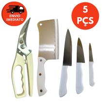 Kit 05 Pç Tesoura Trinchante Multifunções Cortar Frango Com Cutelo 6” e Jogo 3 Facas Cabo Branco Kit 05 Pç Tesoura Trinchante Multifunções Cortar Frango Com Cutelo 6” e Jogo 3 Facas Cabo Branco