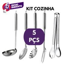 Kit 05 Pç. Utensílios Cozinha Inox Concha Colher Arroz Pegador Massa Garfo Trinchante Pegador Salada Kit 05 Pç. Utensílios Cozinha Inox Concha Colher Arroz Pegador Massa Garfo Trinchante Pegador Salada
