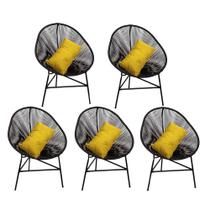 Kit 05 Poltrona Cadeira Acapulco Plus com Almofada Quadrado Preto Tecido Sintético Amarelo - Ahazzo Móveis