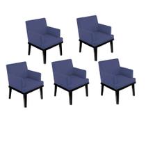 Kit 05 Poltrona Cadeira Decorativa Vitória Pés Madeira Sala de Estar Recepção Escritório Consultório Suede Azul Marinho - Damaffê Móveis
