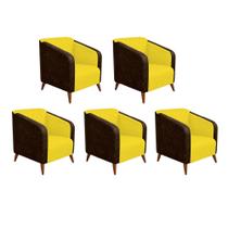 Kit 05 Poltrona Silmara Compose Tecido Sintético Nozes Decorativa Pés Madeira 2 Lugares Sala de Estar Recepção Escritório Consultório Suede Amarelo
