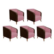 Kit 05 Poltrona Silmara Compose Tecido Sintético Nozes Decorativa Pés Madeira 2 Lugares Sala de Estar Recepção Escritório Consultório Tecido Sintéti