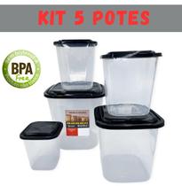 Kit 05 Porta Mantimentos Com Tampa 5 Peças Preta Feijão Arroz Macarrão