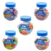 kit 05 Potes Borracha Mini Escolar Coleção Fantasia Cis Dreams Frutas Candy Animais Dino