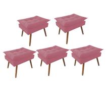 Kit 05 Puff Opala decorativo Pés em Madeira Sala de Estar Recepção Consultório material sintético Rosa Bebê - Damaffê Móveis