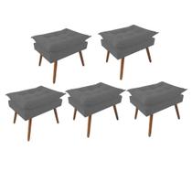 Kit 05 Puff Opala decorativo Pés em Madeira Sala de Estar Recepção Consultório Suede Cinza - Damaffê Móveis