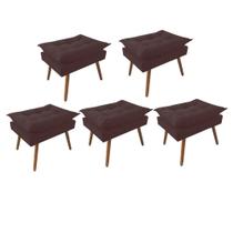 Kit 05 Puff Opala decorativo Pés em Madeira Sala de Estar Recepção Consultório Suede Marrom - Damaffê Móveis