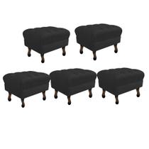 Kit 05 Puff Retrô Capitonê Decorativo Pé em Madeira Sala de Estar Recepção Escritório material sintético Preto - KDAcanto Móveis