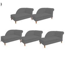 Kit 05 Recamier Decorativa Judi Pé em Madeira 2 Lugares Sala de Estar Recepção Escritório material sintético Cinza - Damaffê Móveis