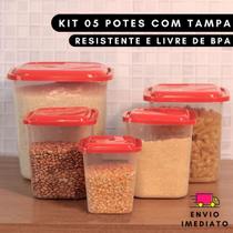Kit 05 Unidades Porta Mantimentos Pote para Cozinha Vasilha de Plástico com Tampa Jogo Livre de BPA