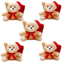 Kit 05 Ursinhos Pelúcia Papai Noel Enfeite Decoração de Natal Urso Natalino com Gorro e Laço