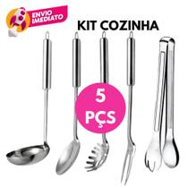 Kit 05 Utensilio Inox Cozinha Concha Colher Arroz Pegador Massa Garfo Trinchante Pegador Salada