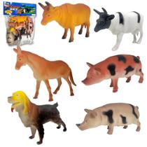 Kit 06 Animais Fazenda Brinquedo Vaca Porco Boi Fazendeiro - Ausini