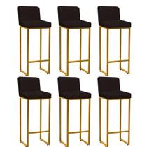 Kit 06 Banqueta Alta Com Encosto Lucca -60cm chão até o assento Industrial Ferro Dourado Sintético Marrom - Ahazzo Móveis