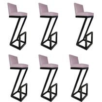 kit 06 banqueta Alta Z Base De Ferro Suede Rosa Bebê - D'Classe Decor