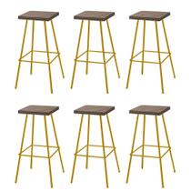 Kit 06 Banquetas Alta Eliza 75cm Industrial Para Cozinha Ferro Dourado 100% MDF Castanho - Ahazzo Móveis