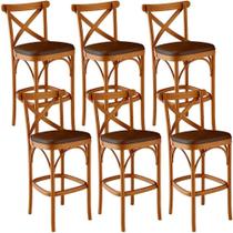 Kit 06 Banquetas Altas Cozinha Bancada Bar Sala Jantar Estofada ávila L02 material sintético Marrom - Lyam