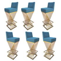 Kit 06 Banquetas Luma Base de Ferro Sued Azul Turquesa - D'Classe Decor