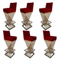 Kit 06 Banquetas Luma Base de Ferro Sued Marsala - D'Classe Decor